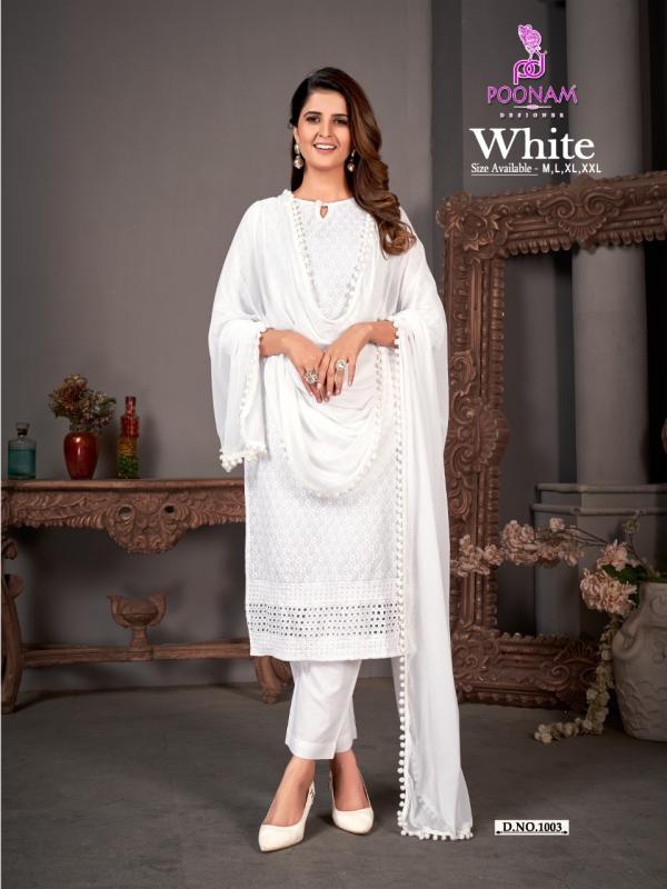 Poonam White rayon Fancy Kurti Pant With Dupatta Collection